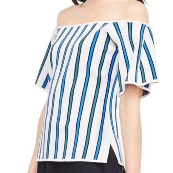 Ann Taylor Womens XL Blouse White Blue Green Stripe Off The Shoulder Boho Casual - Picture 1 of 11